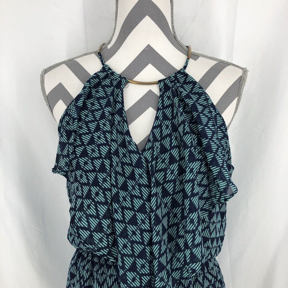 Bisou Bisou Michele Bohbot Teal Blue Halter Flutter Front Elastic Waist Dress 6